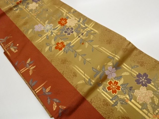 格子に枝垂れ桜模様織出し名古屋帯